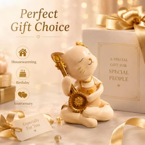 Image of ARMONIA Premium Golden Melody Cat Figurine -Musical Decorative Showpiece for Home Decor | Lightweight Polystone | Ideal for Anniversary, Valentine| Living Room Statue