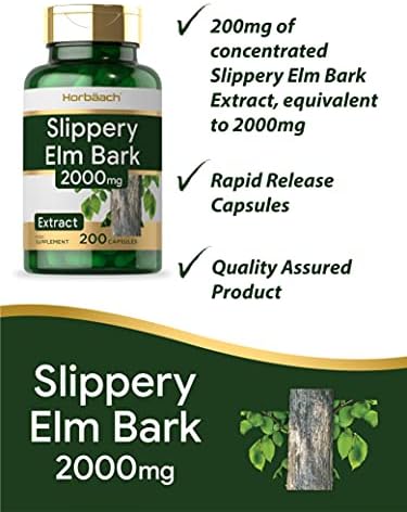 Slippery Elm Capsules | 2000mg | 200 Powder Capsules | No Artificial Preservatives | by Horbaach
