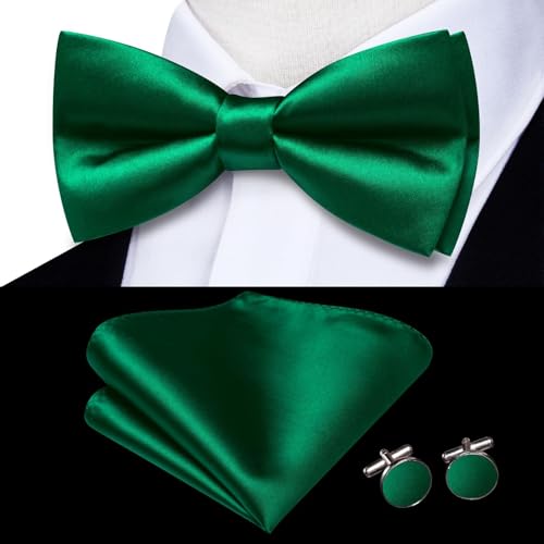 Image of Hi-Tie 5Pcs Mens Solid Color Silk Tie Satin Pretied Bowtie Lapel Pin for Men Handkerchief Cufflink Wedding Gift Box