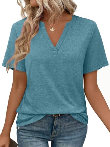 Image of WEESO Womens Tops Summer Short Sleeve V Neck Blouses Business Casual Loose Fit Tshirts Trendy Fashion Outfits