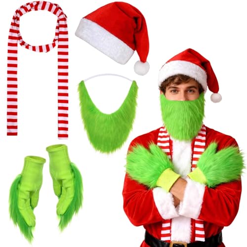 4 PCS Accesorios Disfraz Navidad de Monstruo Verde, Gorro Papa Noel Guantes Verdes Barba Postiza Bufanda Navidad, Complementos Disfraz Navideño para Disfraces Navideños Halloween Fiestas Cosplay