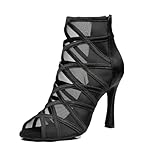 LITNERMIA Mujeres Bailar Botas Fiesta Espectáculo Sala de banquete Atadura Zapatos Malla Baile latino Con Puntera Abierta,L445 Negro 10cm Tacón,37 EU