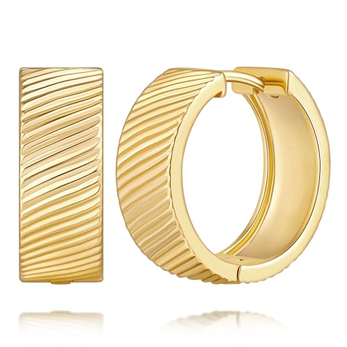 Gold Earrings for Women 14K Gold Hoop Earrings for Women Hoop Earring for Womens Hoops Twill Texture on 7mm Wide Outline Womens Hoops Earring