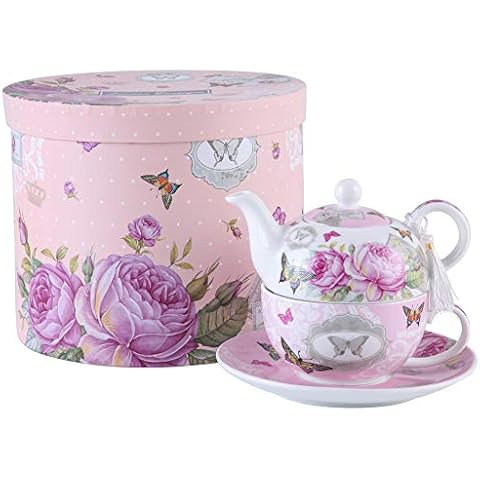 London Boutique Tea for One Teapot Cup saucer Set Gift Box (Pink Butterfly Rose) Cover