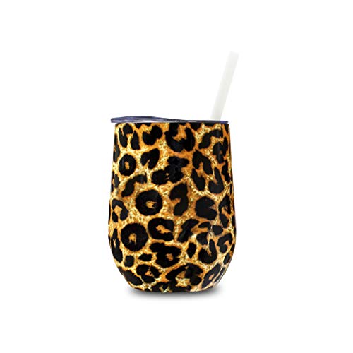 Creamole 12 oz Wine Tumbler - Stainless Steel Wine Tumbler with Lid and Straw - Double Wall Insulated Wine Tumbler for Coffee, Cocktails, Wine, Mulled Wine, Ice Cream - 12 oz Leopard Print