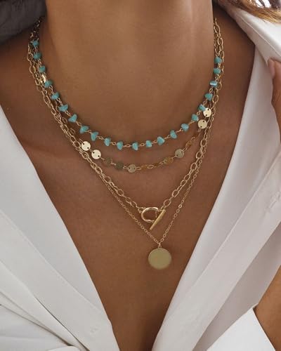 Layered Western Necklaces for Women Western Boho Country Necklaces Trendy Gold Layered Neck-laces Turquoise Beaded Choker Country Concert Jewelry Cowgirl Outfits Accessories3