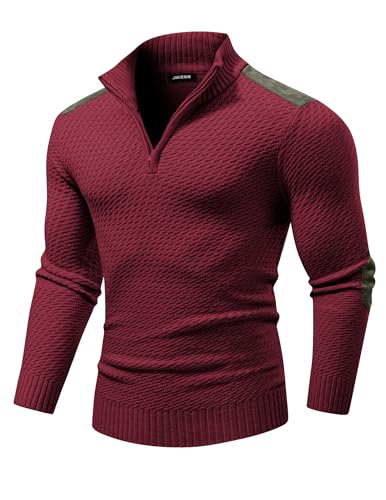 JMIERR 1/4 Zip Pullover Mens Stylish Casual Ribbing Edge Suede Cable Knit Sweaters Pullovers US 43(L), Red Dahlia
