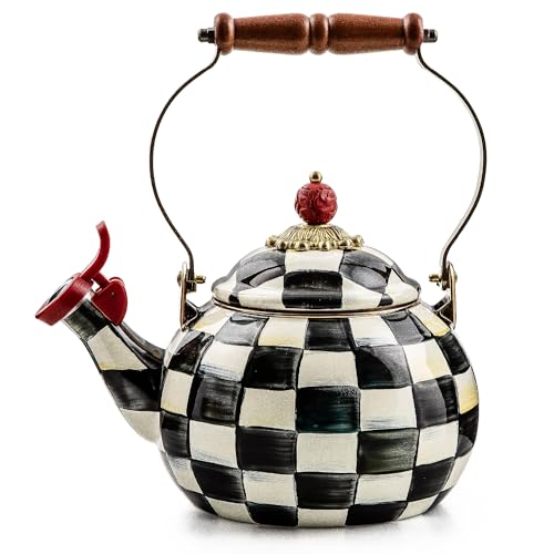 MACKENZIE-CHILDS Enamel Whistling Tea Kettle, Decorative Teapot for Stovetop, Black-and-White Courtly Check