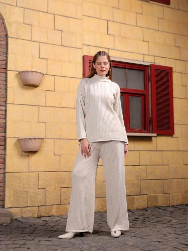 Image of Kvetoo Women Winter Coord Set Wool Blend High Neck Sweater and Wide Leg Pants Warm Tracksuit Pajama Set Two Piece Knitwear Travel Wear for Lounge Casual Office Cream Size S