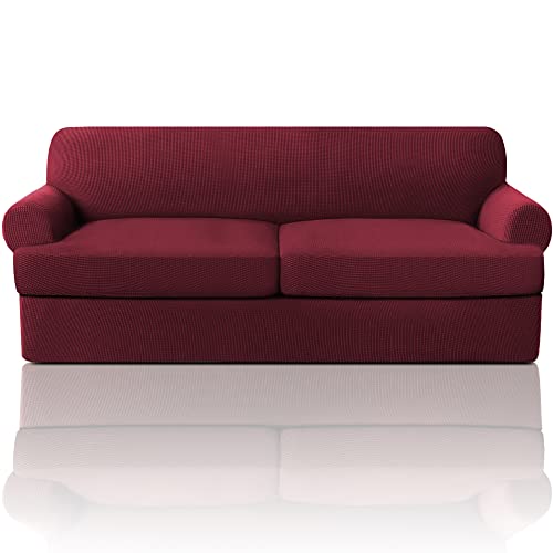 PrinceDeco T Cushion Sofa Slipcover 3 Pieces Sofa Covers for T Cushion Couch Soft Couch Covers Sofa Slip Cover Furniture Covers with 2 Individual T Shape Seat Covers Width Up to 88", Burgund