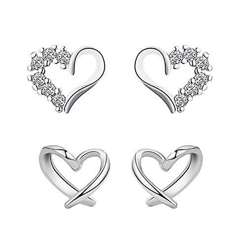 Boucles d'Oreilles Femme, Boucles D'oreilles à Coeur, Argent 925 Boucles d'Oreilles, Asymétrique Zirconium Boucles d'Oreilles, Boucles d'oreilles Hypoallergénique pour Femme, 2Pairs et Boite Cadeau Cover