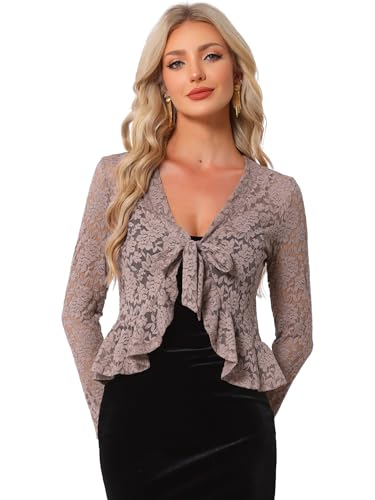 Image of Allegra K Bolero Shrug for Women's Lace Cardigan Tie Front Crop Ruffled Formal Dressy Wedding Shrugs