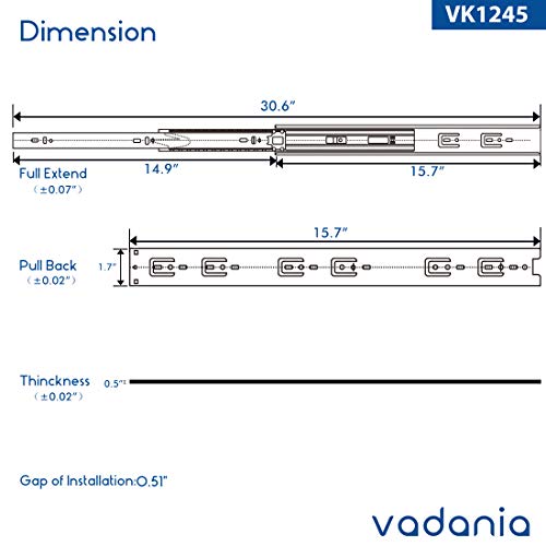 Vadania 16" Soft Close Drawer Slide, #Vk1245, 3-Fold Full Extension, Self Silent Closing, Heavy Duty 100Lb Load Capacity, Ball Bearing, Side Mount, Black, 1-Pair #TOP7
