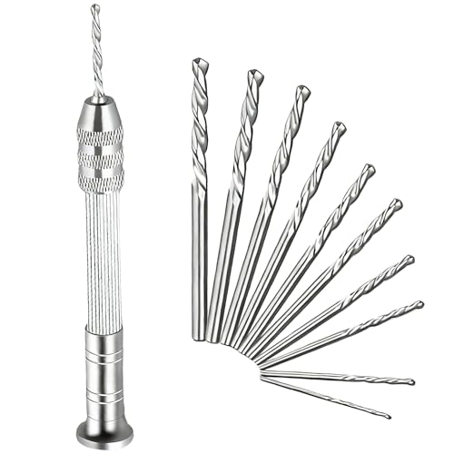 Xiciki Hand Drill, Precision Pin Vice with 10PCS HSS Bits (0.8-3.0mm), Precision Mini Manual Drill for Jewellery Making, Resin Crafts & Model Building(Silver)