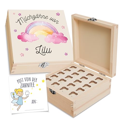 Holzura Personalisierte Milchzahndose mit Regenbogen Design