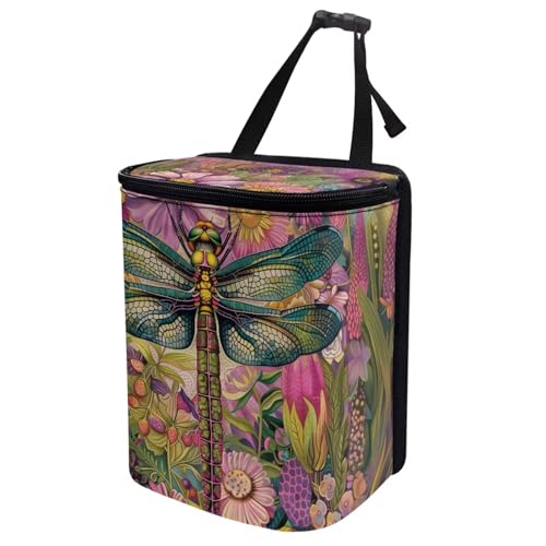 Image of Talayituse Dragonfly Floral Print Car Trash Can Portable Auto Garbage Bin Multifunctional Vehicle Interior Accessories with Adjustable Straps Universal Fit Truck SUV Sedan