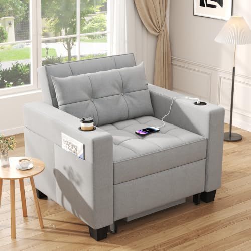 Image of Convertible Sleeper Chair, 3-in-1 Pull Out Sofa Bed, Linen Light Gray | Chair Bed with USB Port, Cup Holders, Adjustable Backrest Chair Bed for Living Room, Bedroom