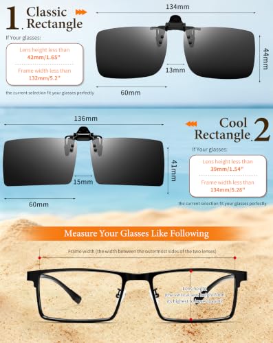 Image of Joopin 2 Pack Rectangle Clip on Flip up Sunglasses Polarized UV Protection | 2 Pcs, TAC lens, Metal Clips, Rubber Bars, Women, Men, rectangular, Frameless, Clamped onto the glasses, Driving, Fishing