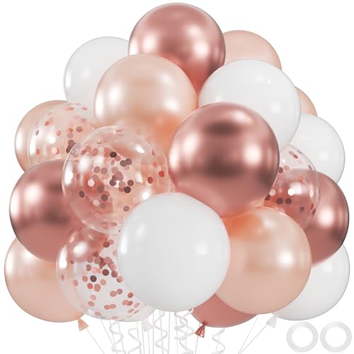 60pcs 12 inch White and Rose Gold confetti Party Balloons
