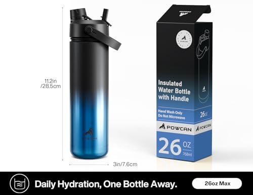 Image of POWCAN 26 oz Insulated Water Bottle with 2-in-1 Straw Spout Lid (Mariner) | Keep Cold 24H, Leak-Proof, Fits in Car Cup Holder, Stainless Steel Water Bottle for Sports, Travel, Gym, Gift, and School