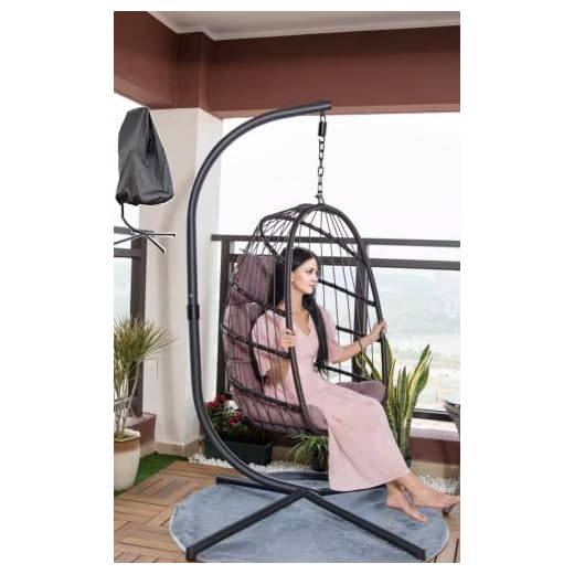 MOJIA Egg Chair with Stand and Oxford Cover, Patio Wicker Hanging Swing Chair with UV Resistant Cushion and Foldable Seat Basket