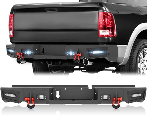 YZONA for Ram 1500 Rear Step Bumper Compatible with 2009-2018 Dodge Ram 1500 & 2019-2024 Ram 1500 Classic Bumper with 4 x 18W LED Lights License Plate Lights Paintable Armor & D-rings Sensor Holes