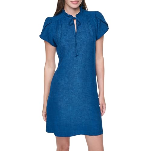 Image of DKNY Women's Front Tie Ruffle Neckline Trapeze Dress