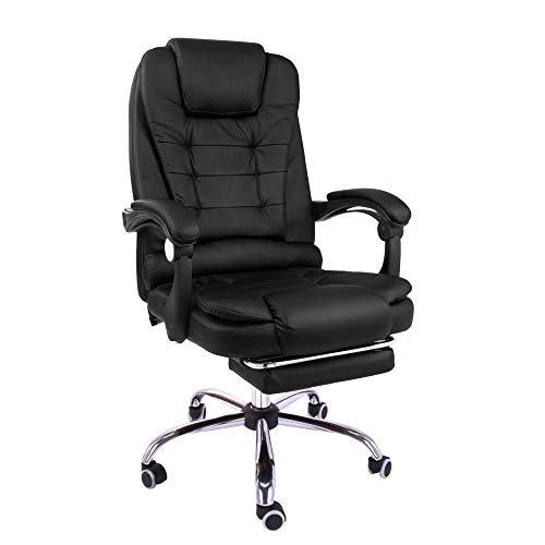 Halter Reclining Leather Office Chair, Modern Executive Adjustable Rolling Swivel Chair, Gaming Chair with Headrest and Retractable Footrest, Black
