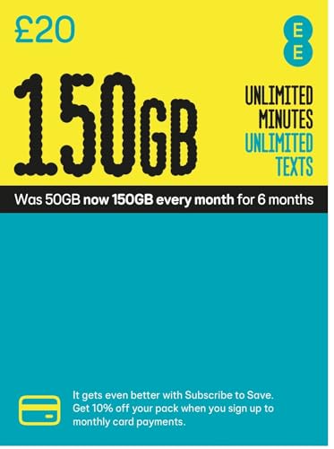 EE 150GB Data Sim includes £20 pre-paid credit, 150GB Data, Unlimited Minutes & Unlimited Texts