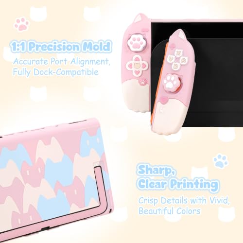 Image of Geekshare Protective Case Set Compatible with Switch 2, PC Back Plate with Silicone Joysticks Covers, Includes 2 Thumb Grips, Waterproof Protection (Pink Cat, for Switch 2)