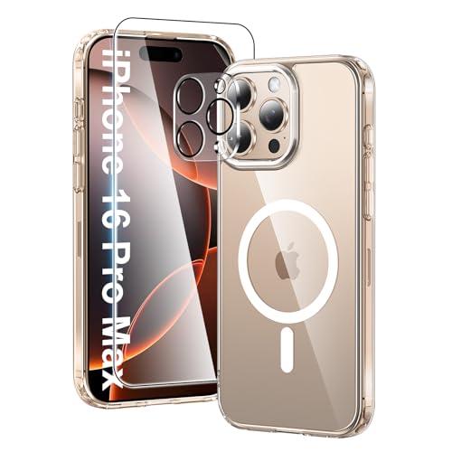 YisrLery Capa magnética para iPhone 16 Pro MAX, capa compatível com MagSafe com 2 protetor Kamera e 2 protetor de ecrã, PC militar capa de carregamento sem fio TPU anti-choques caso, transparente