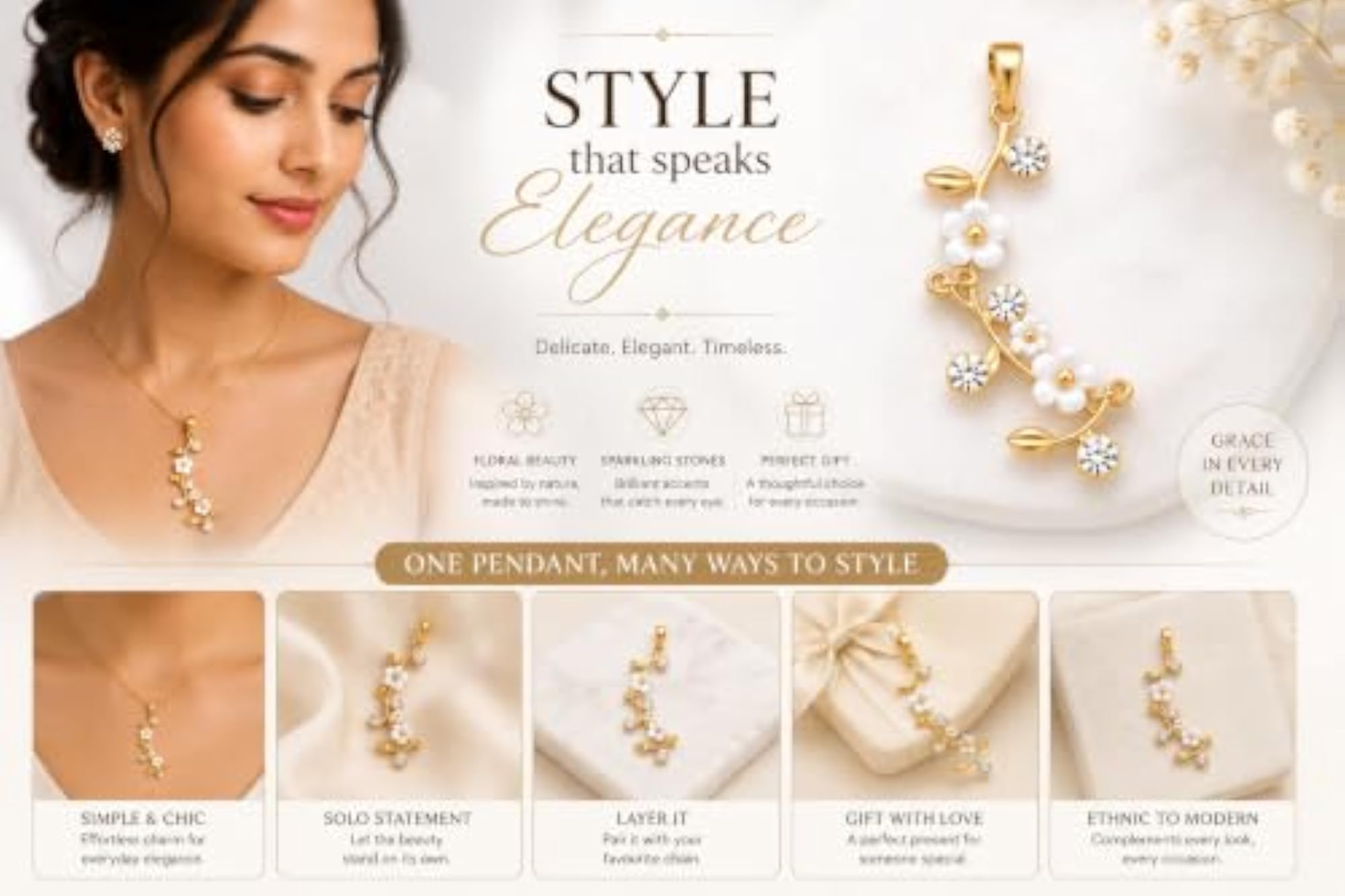 Gold Tone Floral Pendant Necklace for Women, Elegant Design