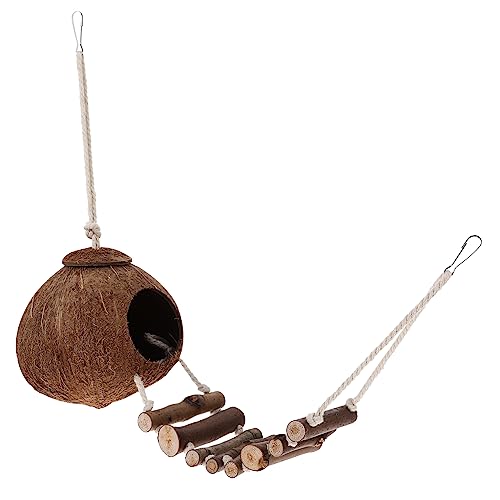 Hohopeti Hermit Crab Cage Wooden Climbing House Aquarium Coconut Shell Hut Decorative Hideaway