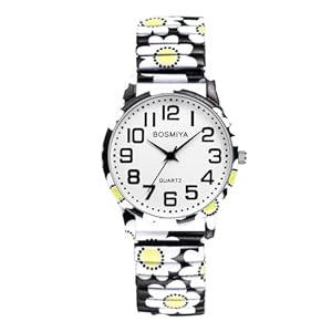 Lancardo Women Stretch Band Watch: Bohemia Flower Elastic Analog Quartz Big Number White Dial Wristwatch Easy to Read Womens Day
