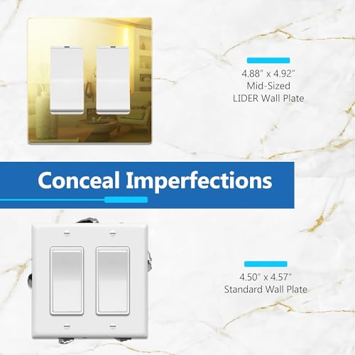 Image of LIDER Double Decorator Wall Plate, Impact Resistant, Plexiglass, Reflective Finish, Modern Upgrade, Screwless Light Switch /Outlet Cover, Mid-Size 2-Gang 4.88 inch x 4.92 inch, Acrylic, Mirror Glass Gold