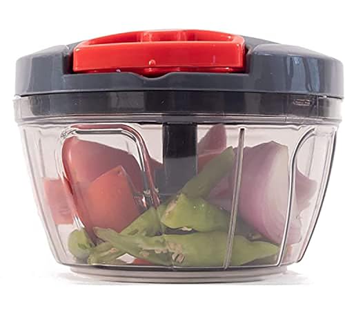Image of Manual Food Chopper with Pull Cord, 3 Stainless Steel Blades - 450ml Vegetable, Fruit & Onion Cutter (Black & Red)