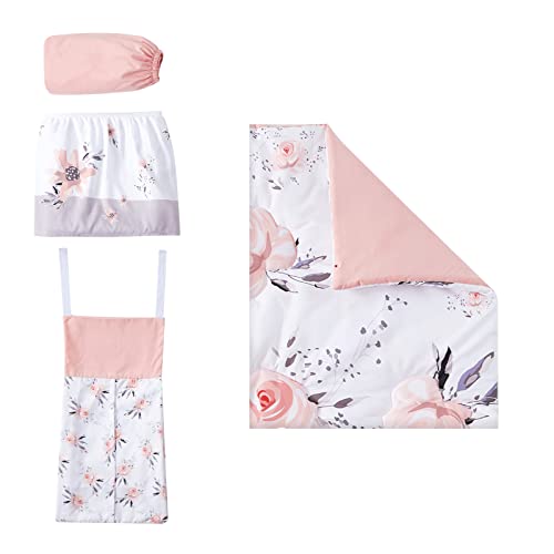 Image of beeweed 4-Piece Crib Bedding Set for Boys Girls, Soft Baby Bedding Set Including Blanket, Crib Skirt, Crib Sheets & Diaper Stacker