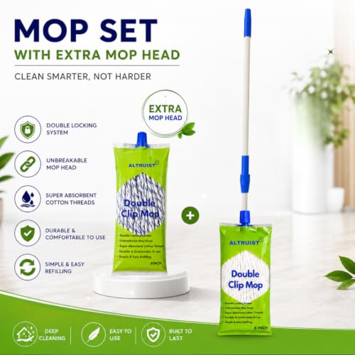 Image of ALTRUIST Double Clip Mop Combo | 1 Adjustable Telescopic Mop Stick 4fit + 2 Cotton Refills (1 Plain White & 1 Blue Stripe) | Heavy Duty Floor Cleaning Mops for Home, Office & Commercial Use