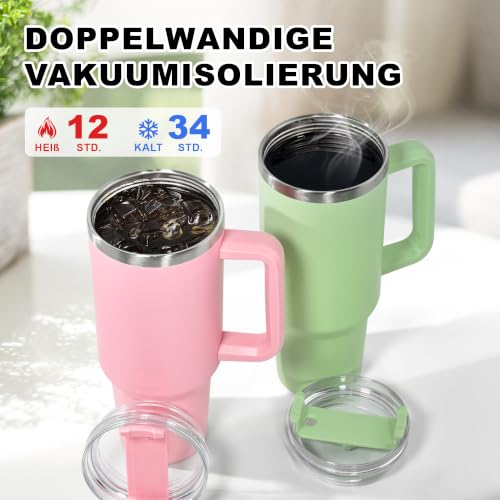 FECBK Thermobecher mit Strohhalm, Henkel und 2 Deckeln 1,2L, Schwarz – Ansicht 2