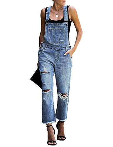 Vetinee Women's Blue Classic Adjustable Straps Pockets Ripped Denim Bib Overalls Jeans Pants XX-Large