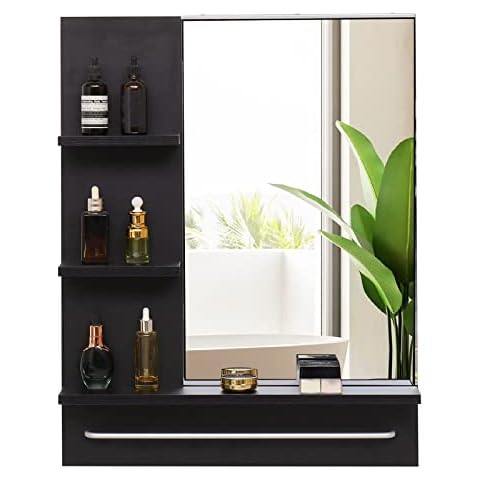 Muzilife Bathroom Medicine Cabinet with Mirror Wall Medicine Cabinet Storage, Over Toilet Storage Cabinet for Bathroom Laundry Room Kitchen - 3 Fixed Shelves, 1 Aluminum Towel Rack, Black Cover