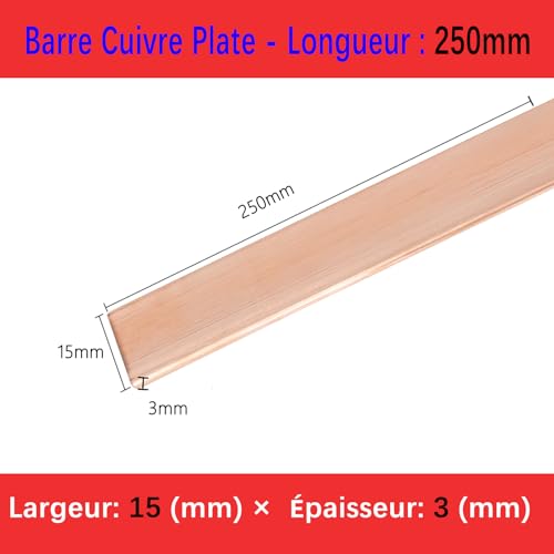 Coavoo Flaches Kupferblech, 3 mm x 15 mm x 250 mm, flach, Kupferblech, aus Metall, 99,99 % reines Kupfer, für Metallarbeiten, Basteln, elektrisch und industriell, 2 Stück