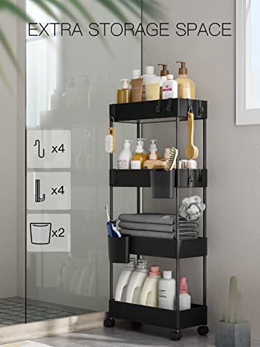 Pipishell Slim Storage Cart With Wheels, 4 Tier Bathroom Storage Organizer Rolling Utility Cart For Bathroom Kitchen Laundry Room Office Narrow Place (Black) #TOP1