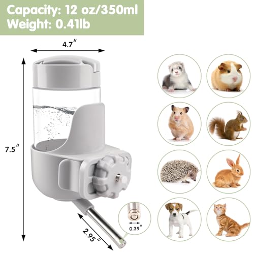 Image of Depets Guinea Pig Water Bottle No Drip, 12 oz Small Animal Water Dispenser | Top Refill Cage Water Bottle with Screw Fastener, ABS Material, for Rabbit Hamster Rat Ferret Kitten, Gray
