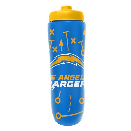 Image of Party Animal NFL Football Squeeze Bottle, 32 oz, LA Chargers | Slim, lightweight BPA-free sports water bottle with quick-flow squeeze; fits backpacks & cup holders for kids or adults