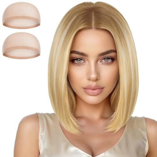 Aomig Pelucas Pelo Natural, Peluca Rubia, Corto Bob Lacio Pelucas, Pelucas Flat Bang Cabello Sintética Fiesta Peluca, con Flequillo Shoulder Largo, para Cosplay y Uso Diario