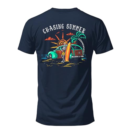 Salty Bones Chasing Summer Woody Car Sunset Surfer Beach Graphic T-Shirt, 100% Ringspun Cotton, Classic Fit, Printed in USA (US, Alpha, X-Large, Regular, Regular, Navy)
