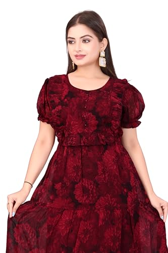 Image of Tree Elegant Women's Georgette Flared Midi Dress - Lightweight with A-Line Silhouette for Brunch, Casual & Festive Occasions