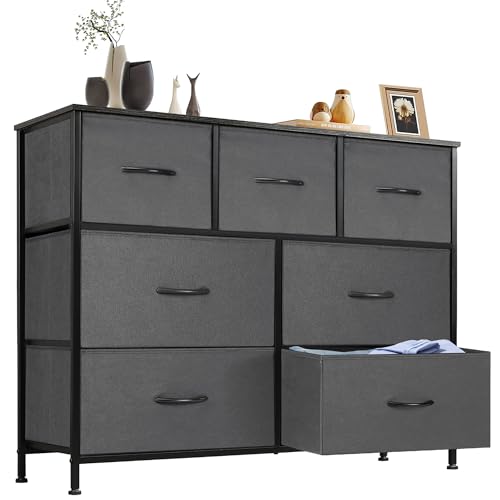 DUMOS Chest of Drawers for Bedroom with Fabric Drawers, High Organiser for Clothes, Cupboard, Childrens Room, Storage Tower with Cupboard, Metal Frame, Wooden Top, Lightweight