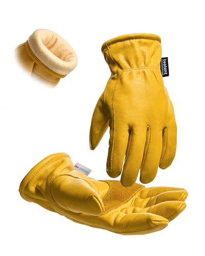 toolant Slip-On Winter Leather Work Gloves for Men, 100% Grain Cowhide with Water Resistance, Warm